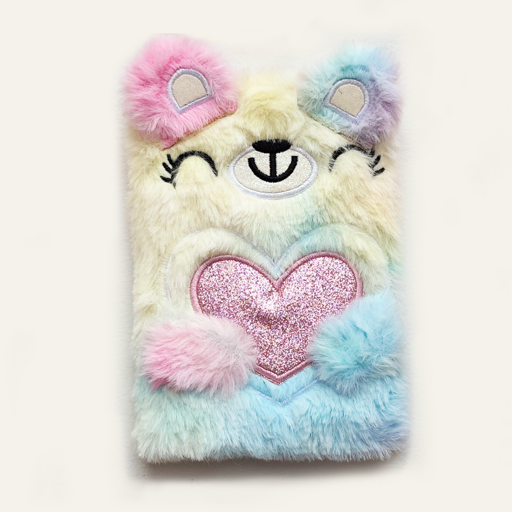 Fuzzy pastel bear notebook with heart detail for kids
